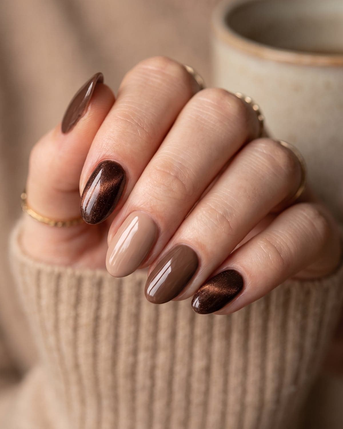 Medium Soft Square Mixed Brown Cat Eye Glitter — Classy Neutral Nails