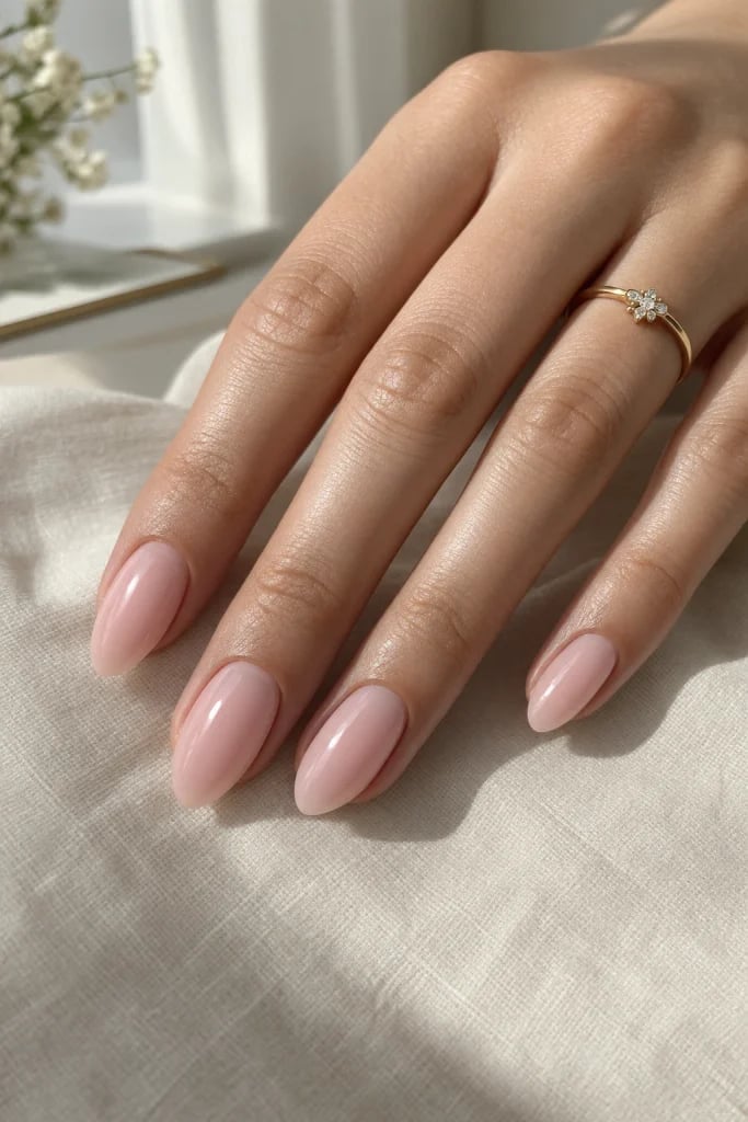 Medium Almond Glossy Soft Pink Nails — Classy Neutral Nails