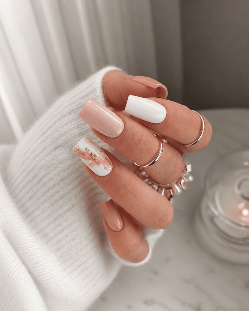 Long Square Glossy Mixed Neutrals Marble Rose Gold — Classy Neutral Nails