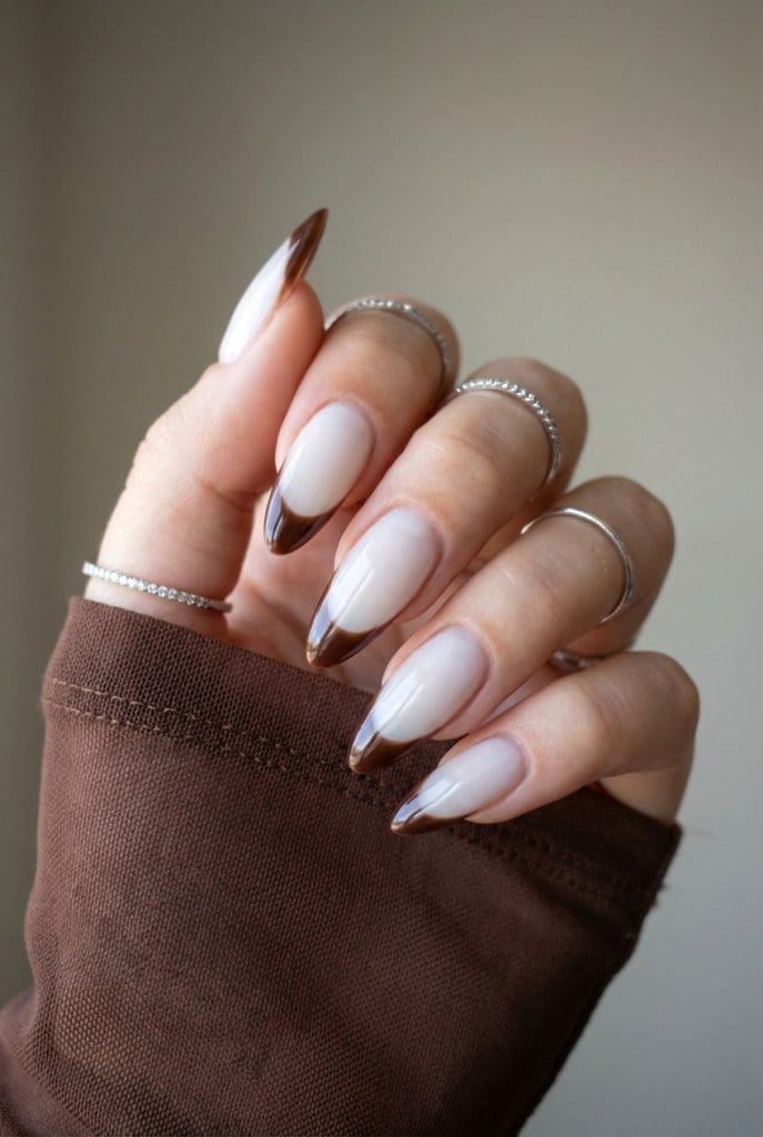 Long Almond Glossy Milky Base Deep Brown French Tip — Classy Neutral Nails