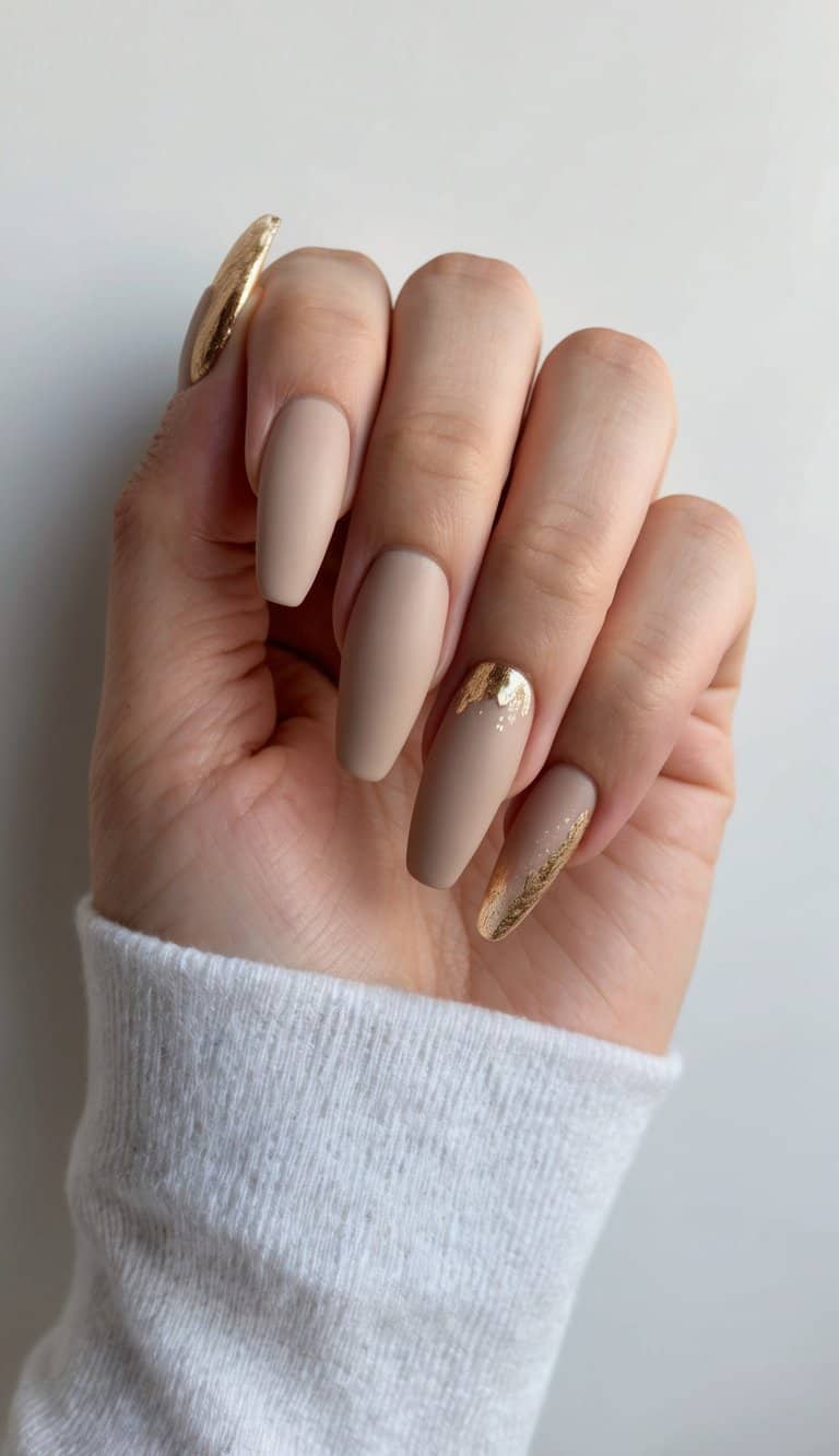 Long Coffin Matte Beige Gold Foil Accents — Classy Neutral Nails