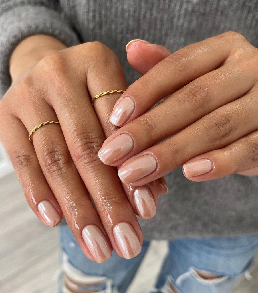 Milky Beige Pearlescent Shimmer Short Oval Nails — Classy Neutral Nails