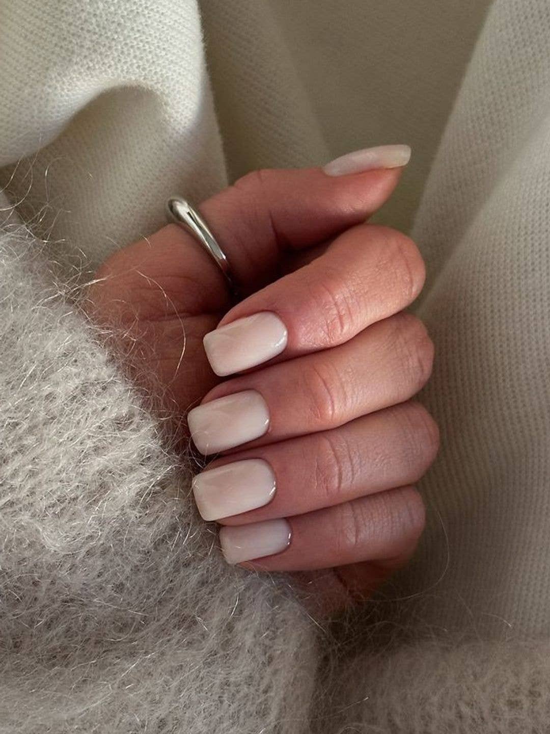 Glossy Pale Milky Pink Short Square Nails With Even Finish — Classy Neutral Nails