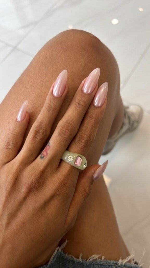 Pale Pink Nude Chrome Medium Almond Nails With Full Nail Coverage Pale Pink Nude Chrome Medium Almond Nails With Full Nail Coverage — Classy Nude Chrome Nails