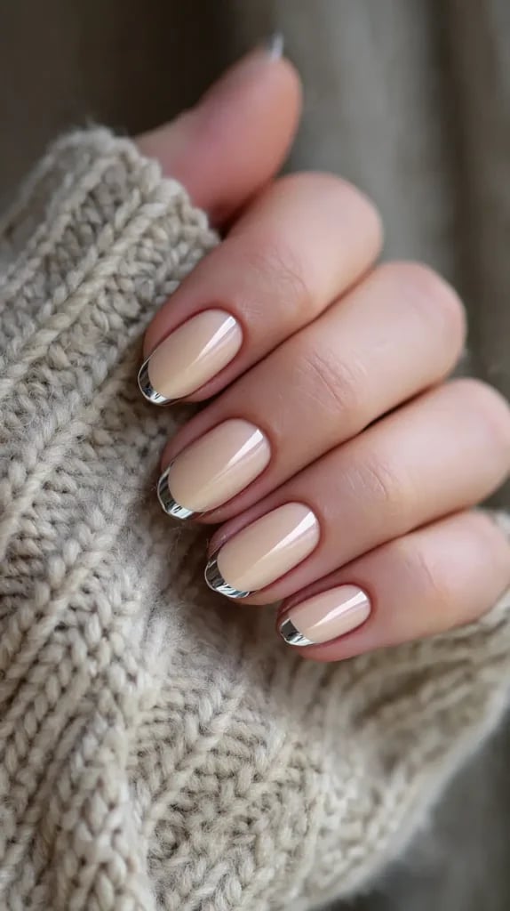 Neutral Beige Chrome French Tip Medium Oval Nails Neutral Beige Chrome French Tip Medium Oval Nails — Classy Nude Chrome Nails