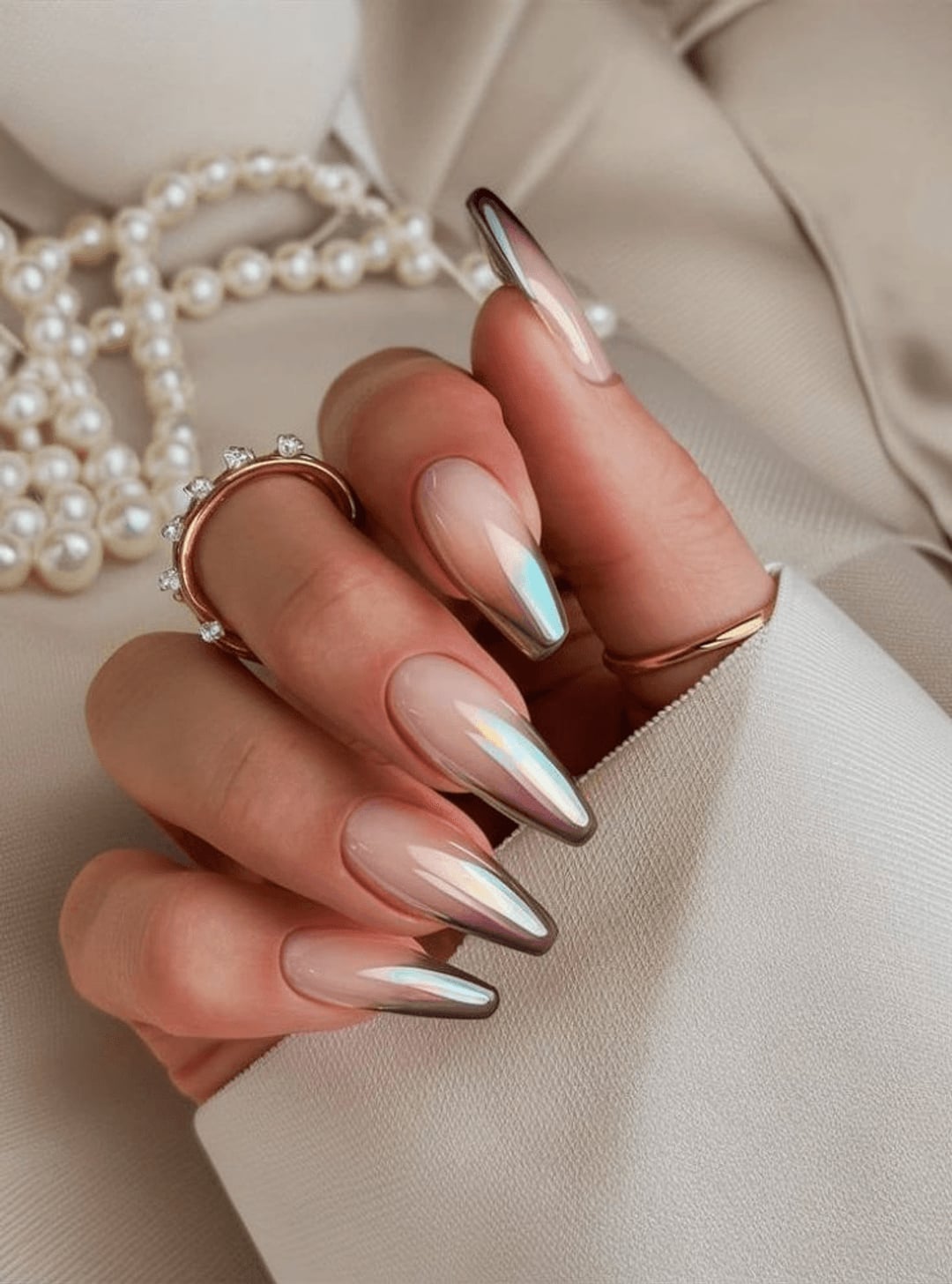 Nude Silver Blue Ombre Chrome French Long Almond Nails Nude Silver Blue Ombre Chrome French Long Almond Nails — Classy Nude Chrome Nails