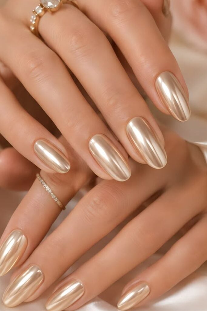 Gold Chrome Long Almond Nails Gold Chrome Long Almond Nails — Classy Nude Chrome Nails