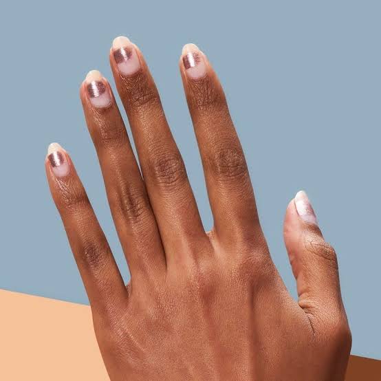 Short Almond Nude with Rose Gold Half Moon — Classy Nurse Nails