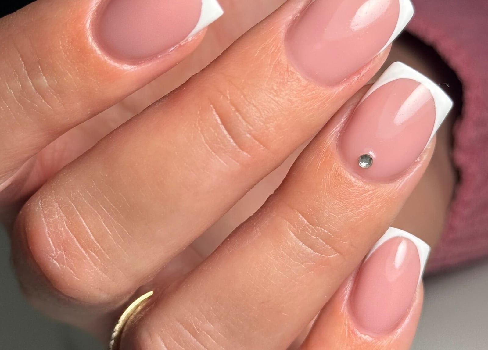 Short Oval Pink French with Rhinestone — Classy Nurse Nails