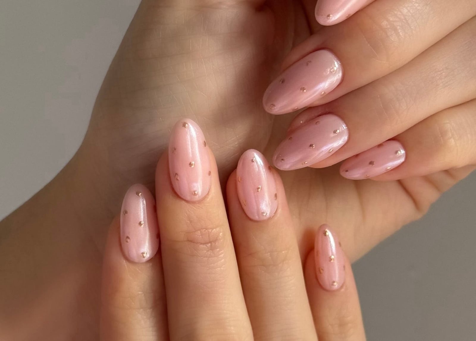 Short Almond Milky Pink with Gold Dots — Classy Nurse Nails