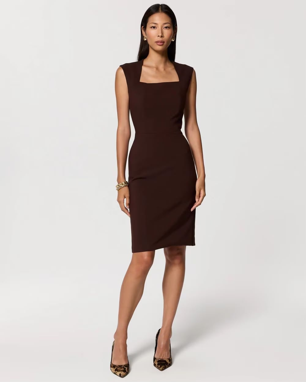 Dark Brown Sheath Dress with Square Neckline — Classy Office Dresses