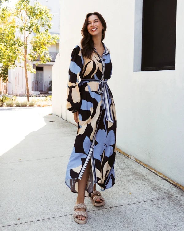 Blue Floral Print Maxi Shirt Dress — Classy Office Dresses