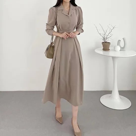 Taupe Shirt Dress with Pleated Skirt — Classy Office Dresses
