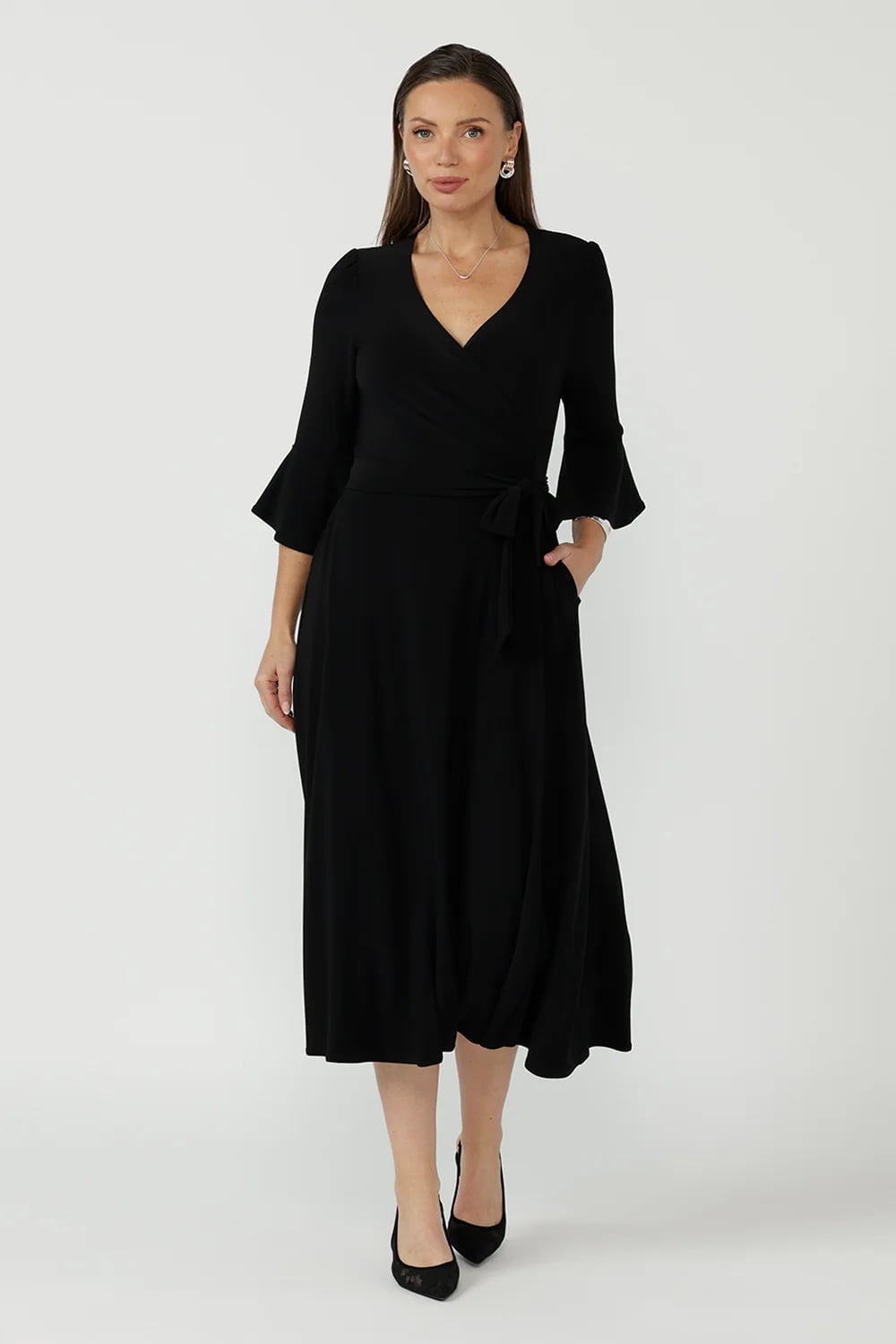 Black Long-Sleeve Wrap Dress — Classy Office Dresses