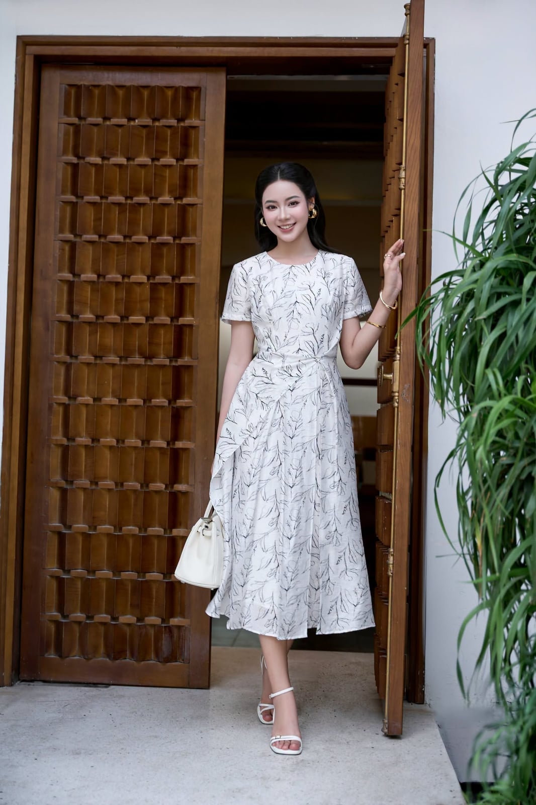 White Leaf Print Midi Dress with Belt — Classy Office Dresses