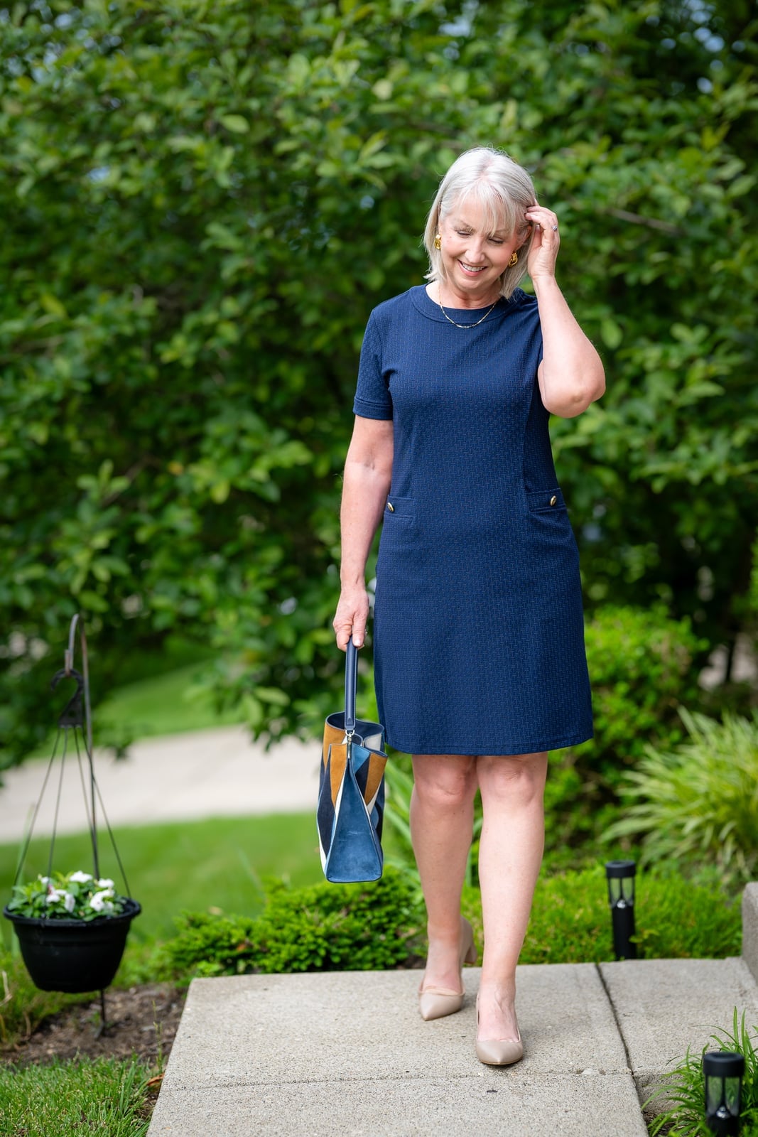Navy Blue Textured Knit Shift Dress — Classy Office Dresses