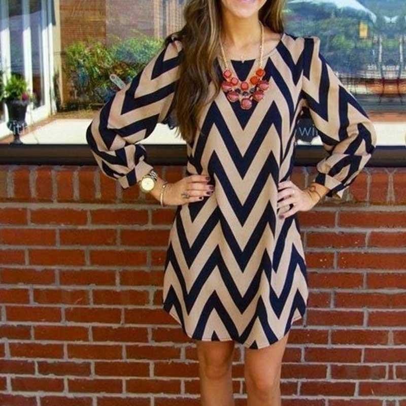 Beige and Navy Chevron Print Shift Dress — Classy Office Dresses