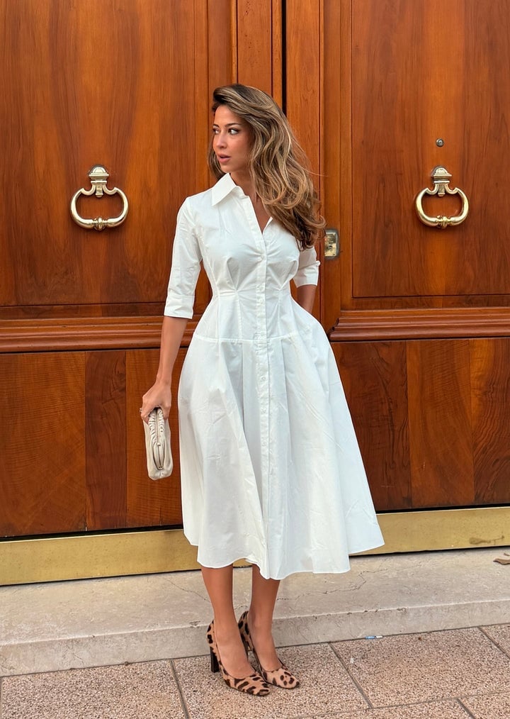 White Shirt Dress with Full Midi Skirt — Classy Office Dresses