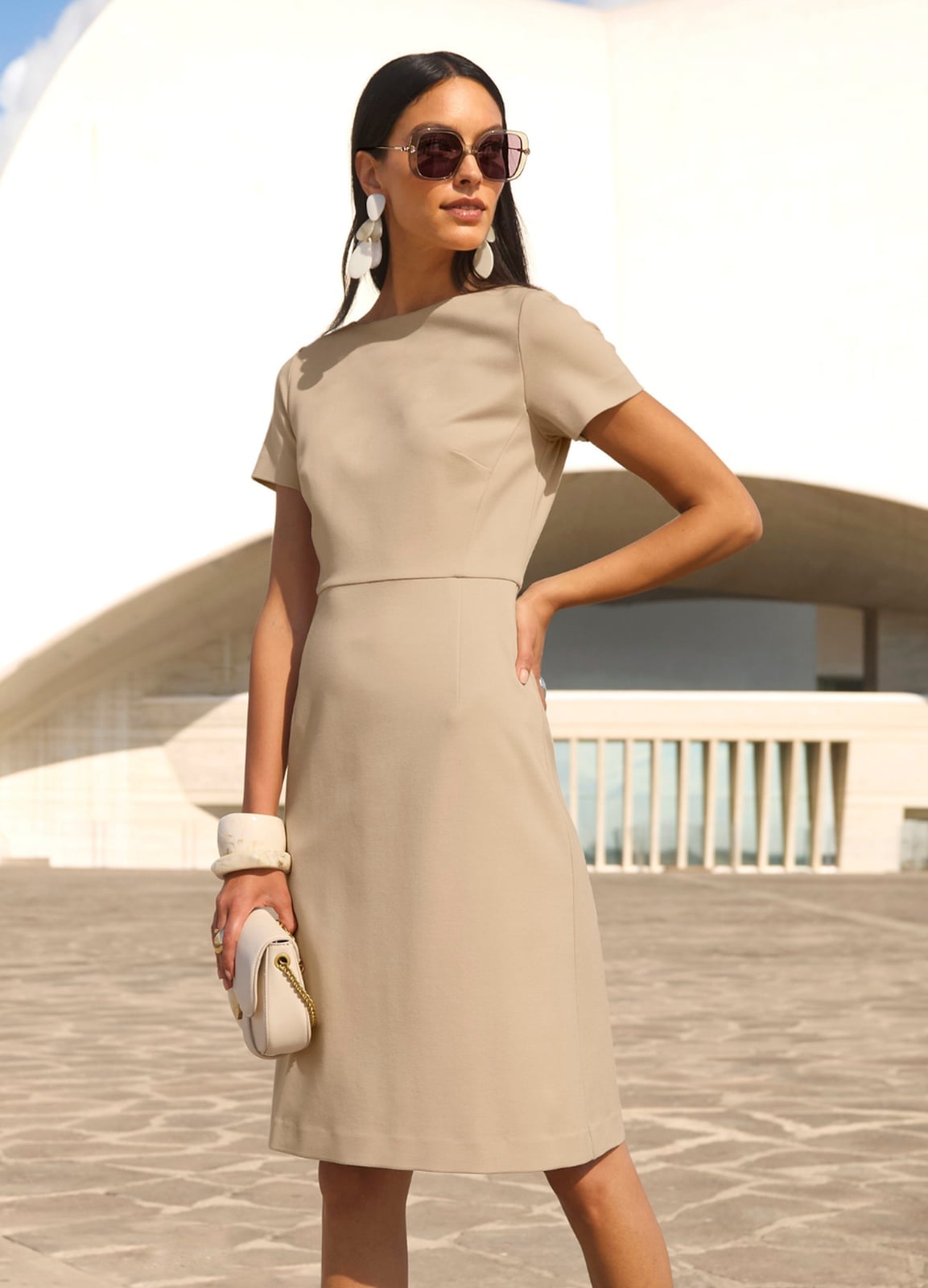 Beige Sheath Dress with Statement Earrings — Classy Office Dresses