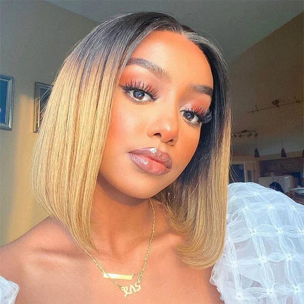 Collarbone Bob With Dark Brown To Bright Blonde, Everyday Version Collarbone Bob With Dark Brown To Bright Blonde, Everyday Version — Classy Ombré Hair