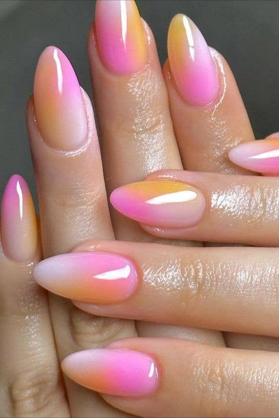 Vibrant Pink to Yellow Glossy Almond Nails Vibrant Pink to Yellow Glossy Almond Nails — Classy Ombré Nails