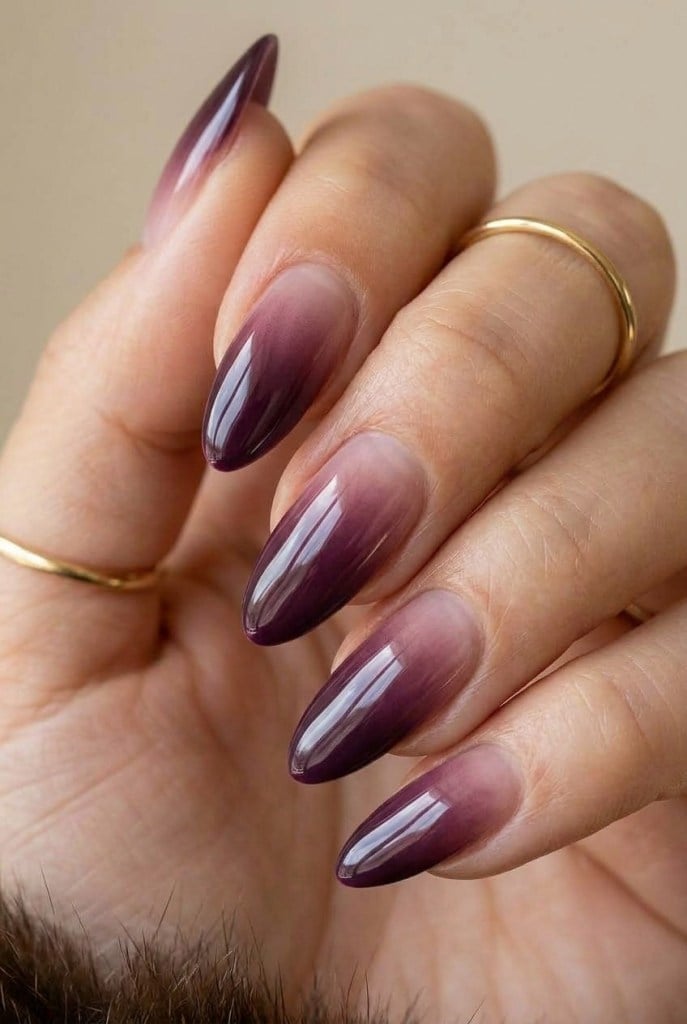 Deep Plum to Nude Glossy Almond Nails Deep Plum to Nude Glossy Almond Nails — Classy Ombré Nails