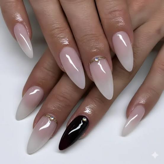 Sheer Pink to White Gradient Rhinestone Accent Long Almond Nails Sheer Pink to White Gradient Rhinestone Accent Long Almond Nails — Classy Ombré Nails