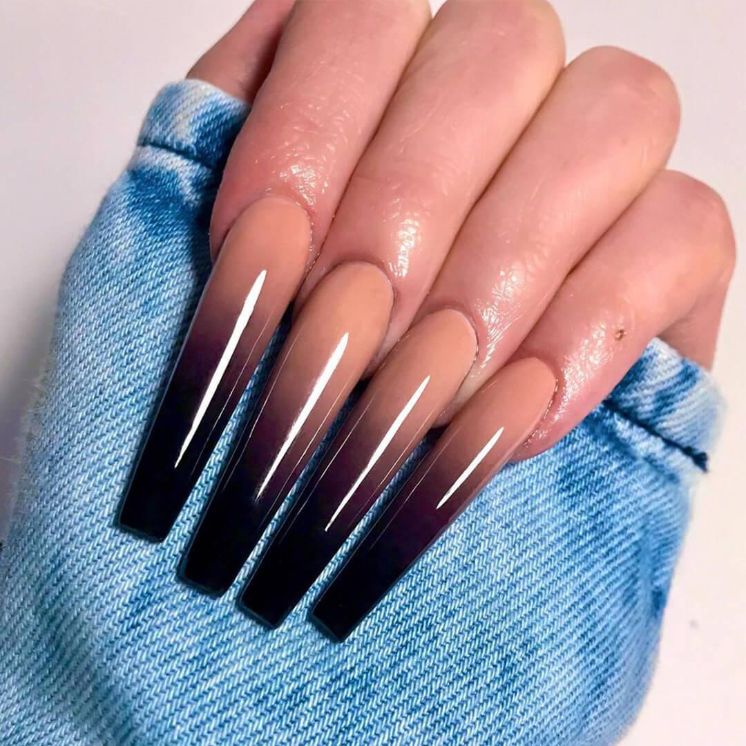 Nude to Black Glossy Extra-Long Coffin Nails Nude to Black Glossy Extra-Long Coffin Nails — Classy Ombré Nails