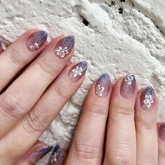 Dark Blue Pink Purple Shimmer Floral Decal Almond Nails Dark Blue Pink Purple Shimmer Floral Decal Almond Nails — Classy Ombré Nails