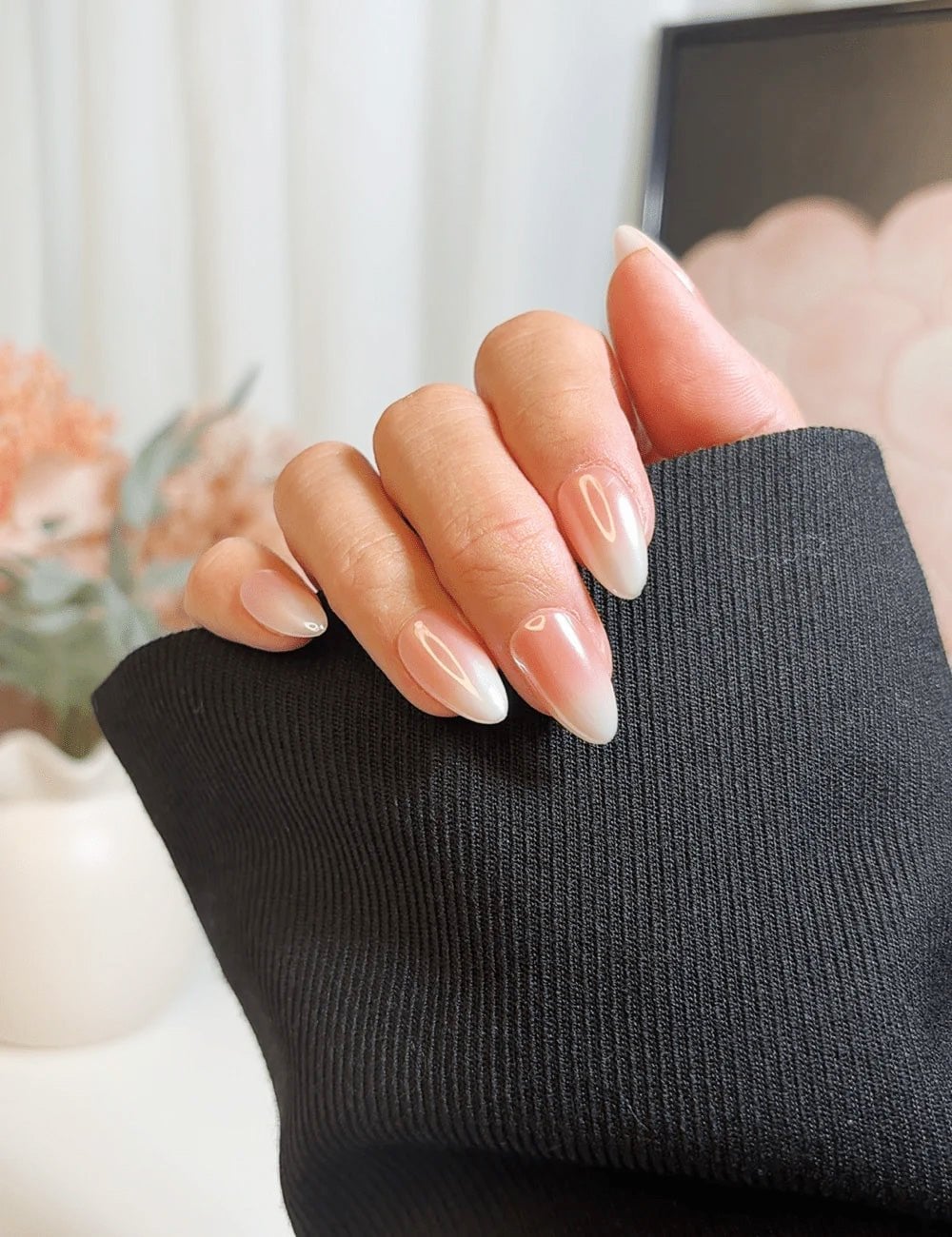 Nude to Sheer White Glossy Almond Nails Nude to Sheer White Glossy Almond Nails — Classy Ombré Nails
