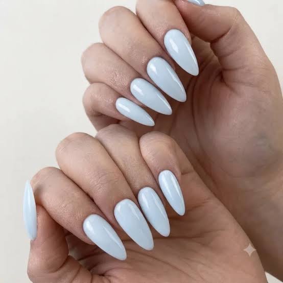 Glossy Pale Sky Blue Medium Almond Nails Glossy Pale Sky Blue Medium Almond Nails — Classy One Color Nails