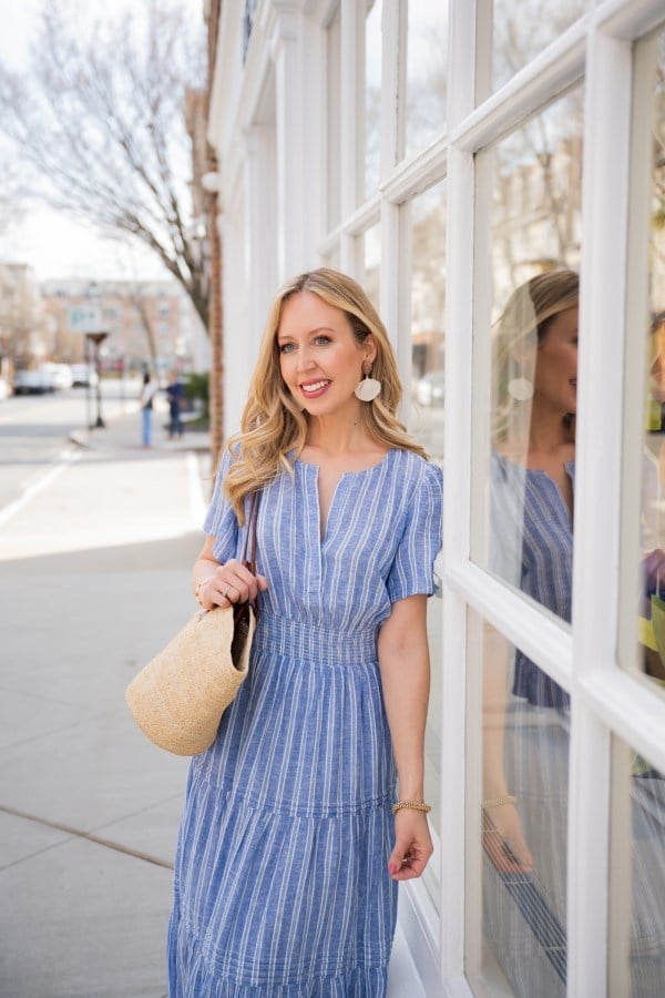 Striped Tiered Midi Dress with Wedge Sandals Striped Tiered Midi Dress with Wedge Sandals — Classy Outdoor Outfit