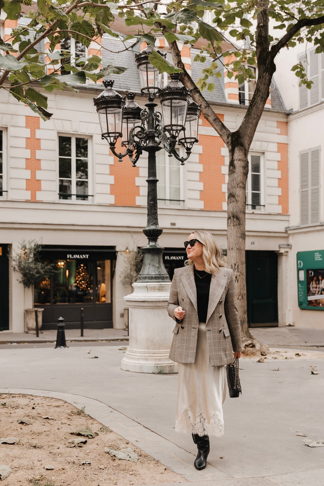Plaid Blazer Over a Satin Skirt for City Strolls Plaid Blazer Over a Satin Skirt for City Strolls — Classy Outdoor Outfit