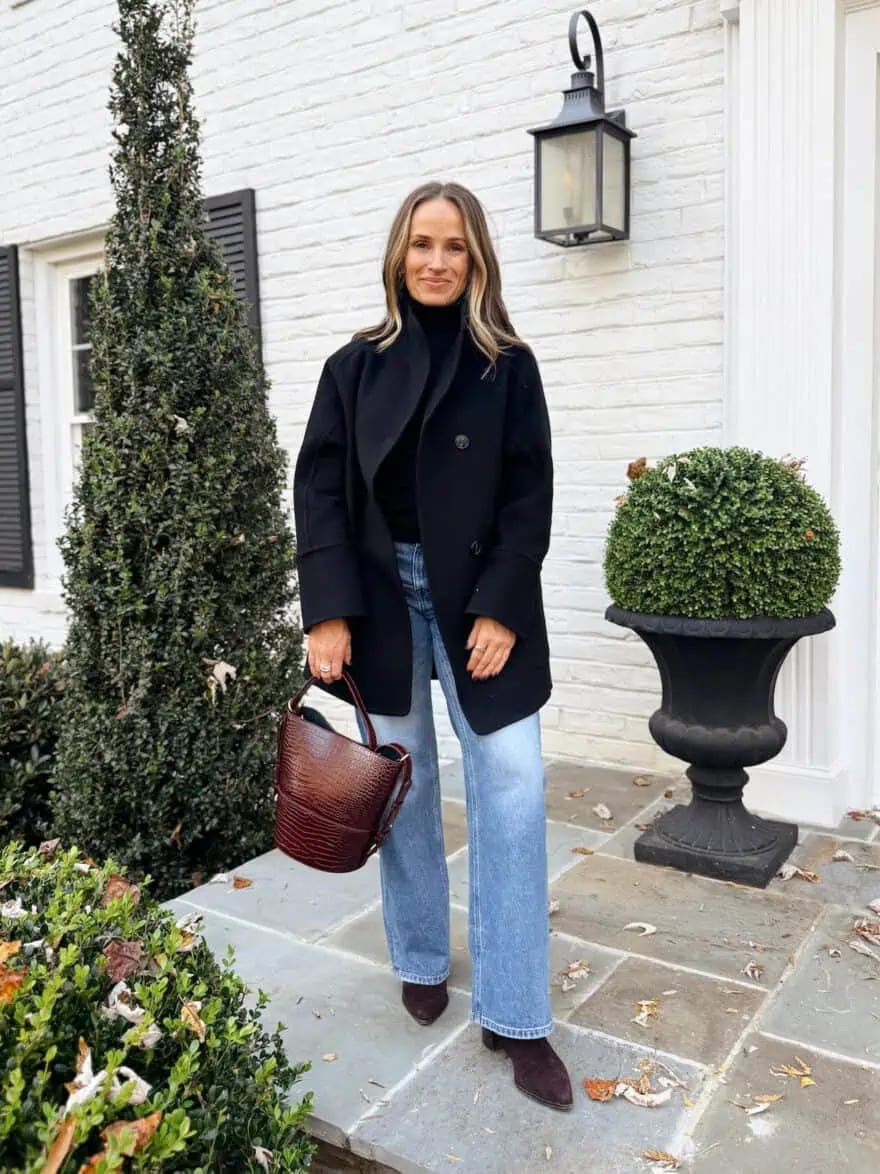 Black Double-Breasted Coat Over Jeans Black Double-Breasted Coat Over Jeans — Classy Outdoor Outfit