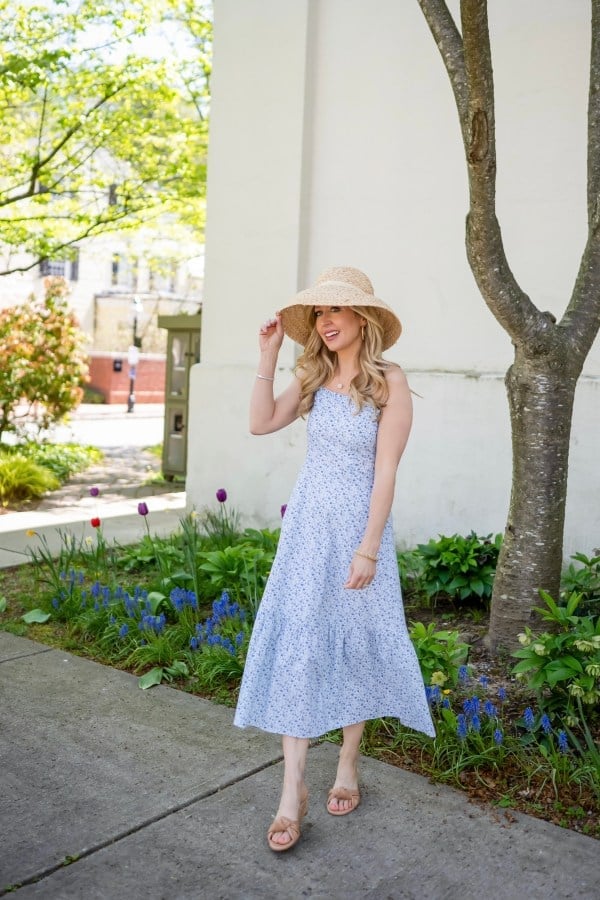 A Light Blue Floral Midi Dress with a Straw Hat A Light Blue Floral Midi Dress with a Straw Hat — Classy Outdoor Outfit