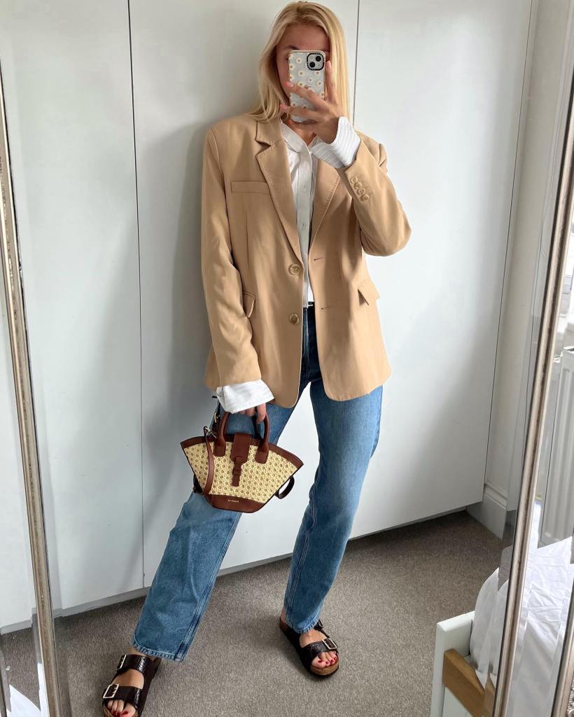 Beige Blazer with Jeans and Tote Beige Blazer with Jeans and Tote — Classy Outfits with Birkenstocks