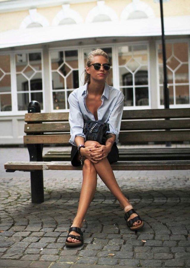 Light Blue Shirt with Dark Skirt and Birkenstocks Light Blue Shirt with Dark Skirt and Birkenstocks — Classy Outfits with Birkenstocks