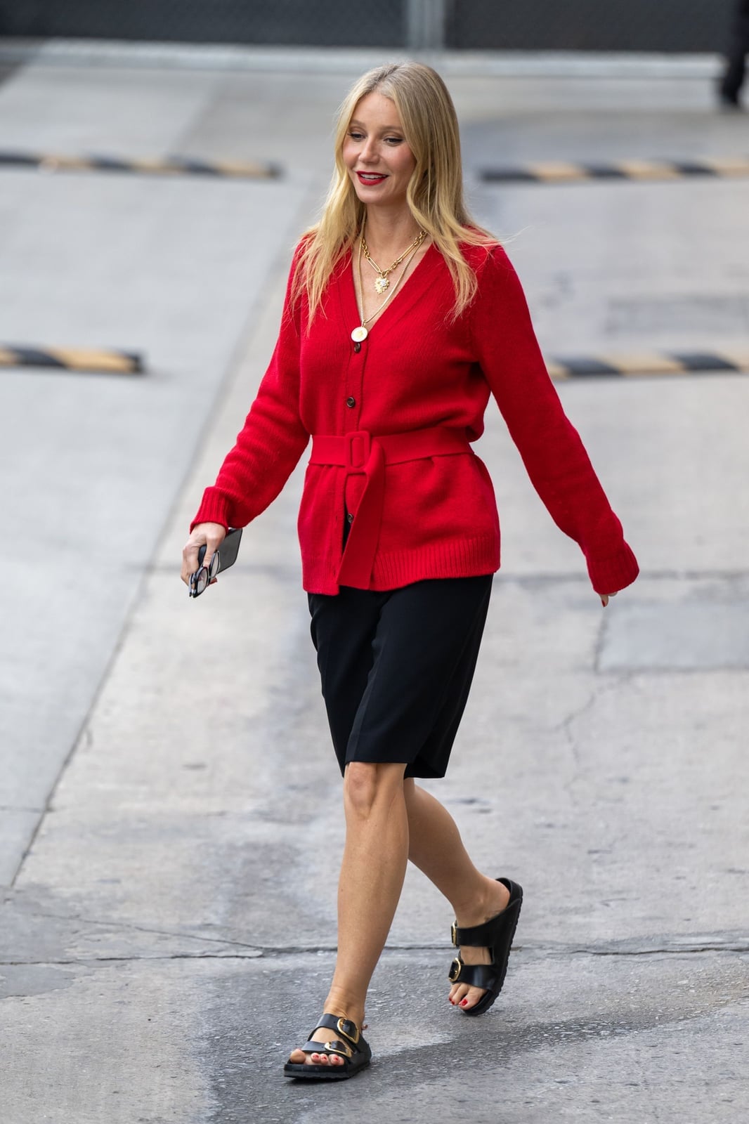 Red Belted Cardigan and Tailored Shorts Red Belted Cardigan and Tailored Shorts — Classy Outfits with Birkenstocks
