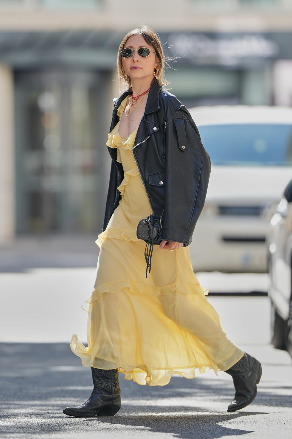 Yellow Ruffled Maxi Dress with Biker Jacket and Black Cowboy Boots Yellow Ruffled Maxi Dress with Biker Jacket and Black Cowboy Boots — Classy Outfits with Cowboy Boots