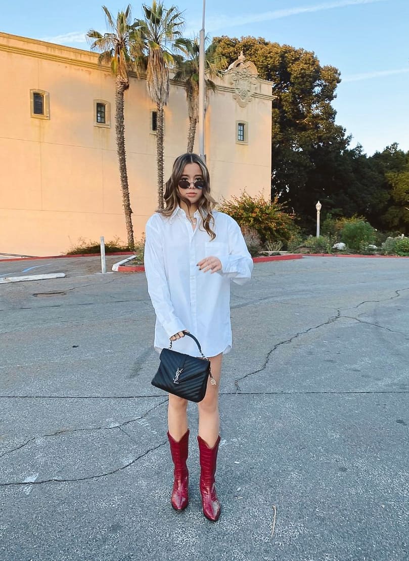 White Shirt Dress with Red Leather Cowboy Boots White Shirt Dress with Red Leather Cowboy Boots — Classy Outfits with Cowboy Boots