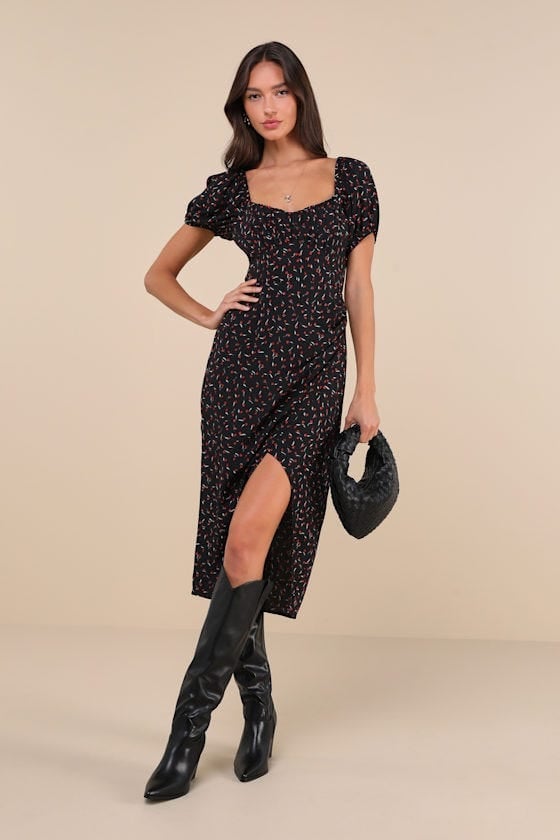 Printed Midi Dress with Black Knee-High Boots Printed Midi Dress with Black Knee-High Boots — Classy Outfits with Cowboy Boots