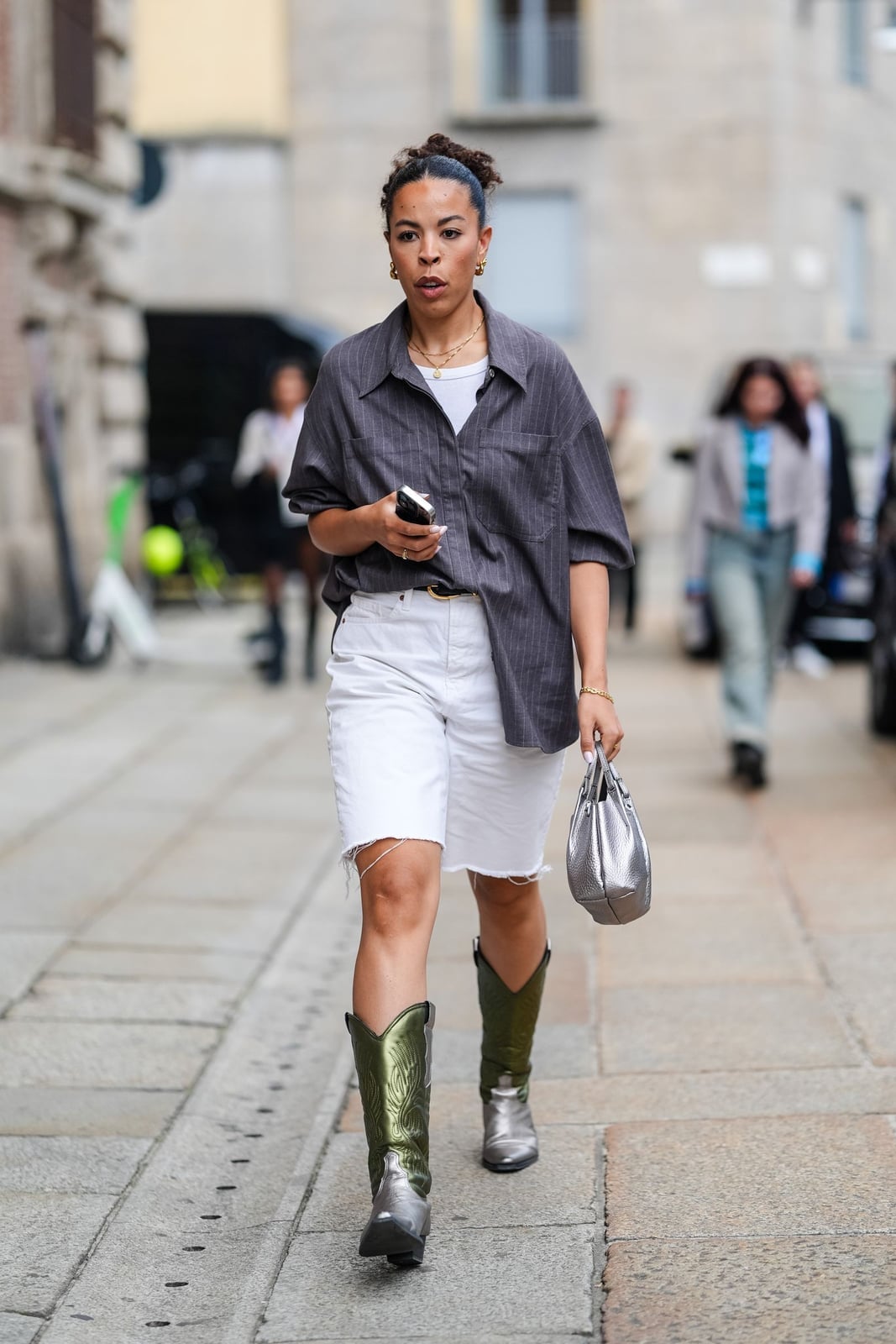 Distressed Denim Shorts with Striped Shirt and Green Cowboy Boots Distressed Denim Shorts with Striped Shirt and Green Cowboy Boots — Classy Outfits with Cowboy Boots