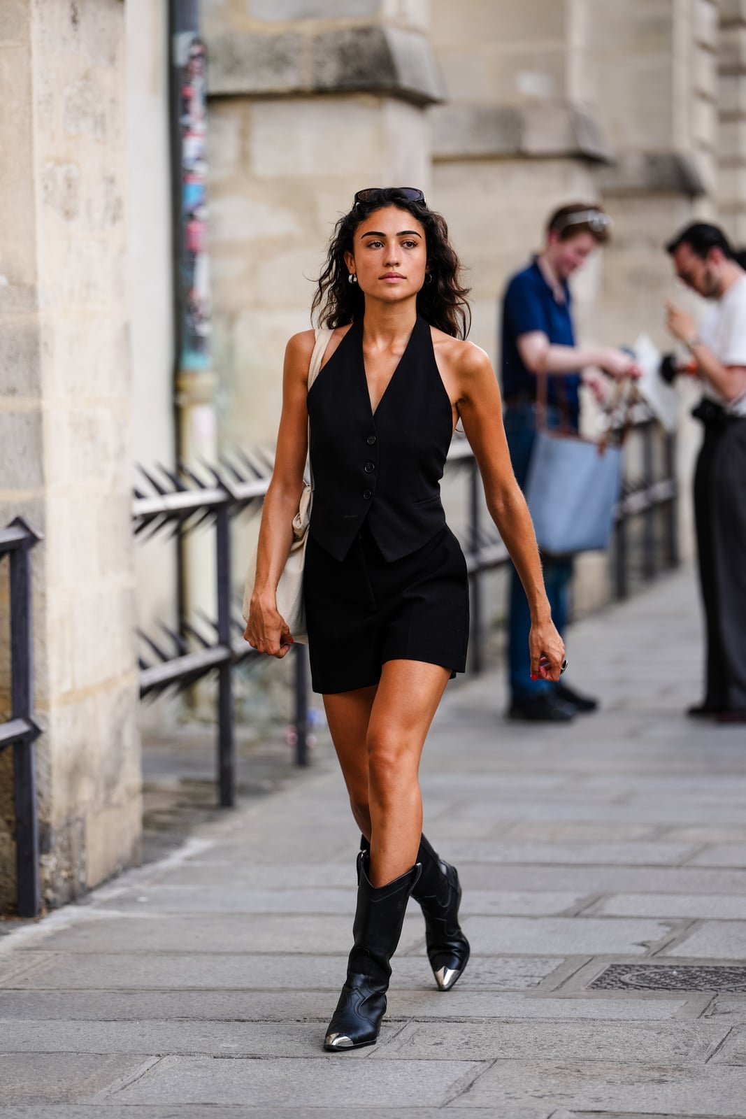 Black Halter Vest and Shorts with Silver-Toe Cowboy Boots Black Halter Vest and Shorts with Silver-Toe Cowboy Boots — Classy Outfits with Cowboy Boots