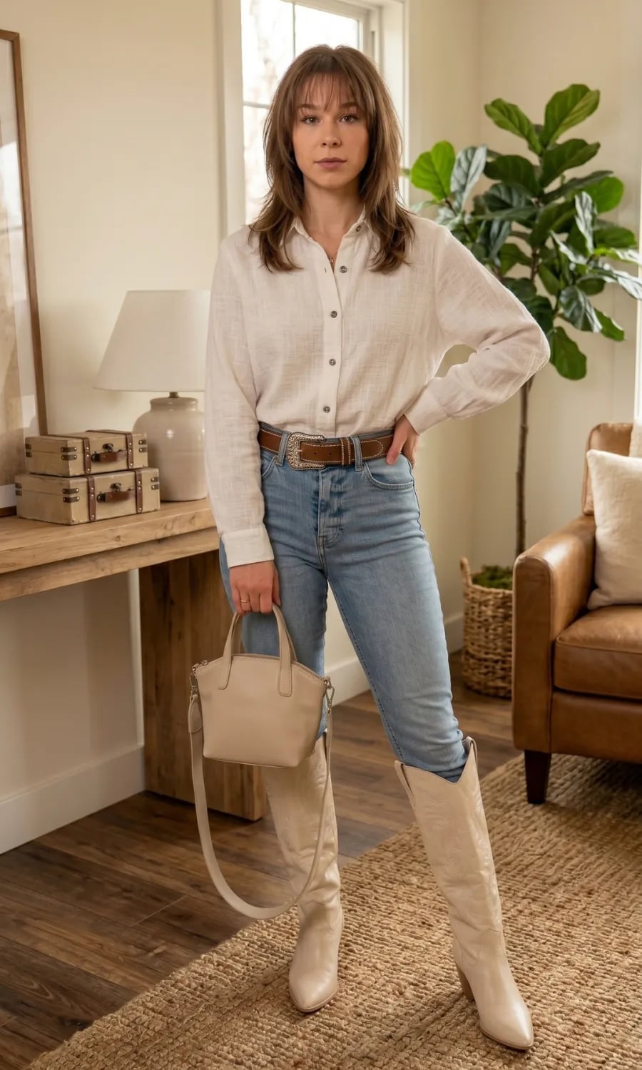 Cream Linen Shirt and Jeans with Cream Cowboy Boots Cream Linen Shirt and Jeans with Cream Cowboy Boots — Classy Outfits with Cowboy Boots