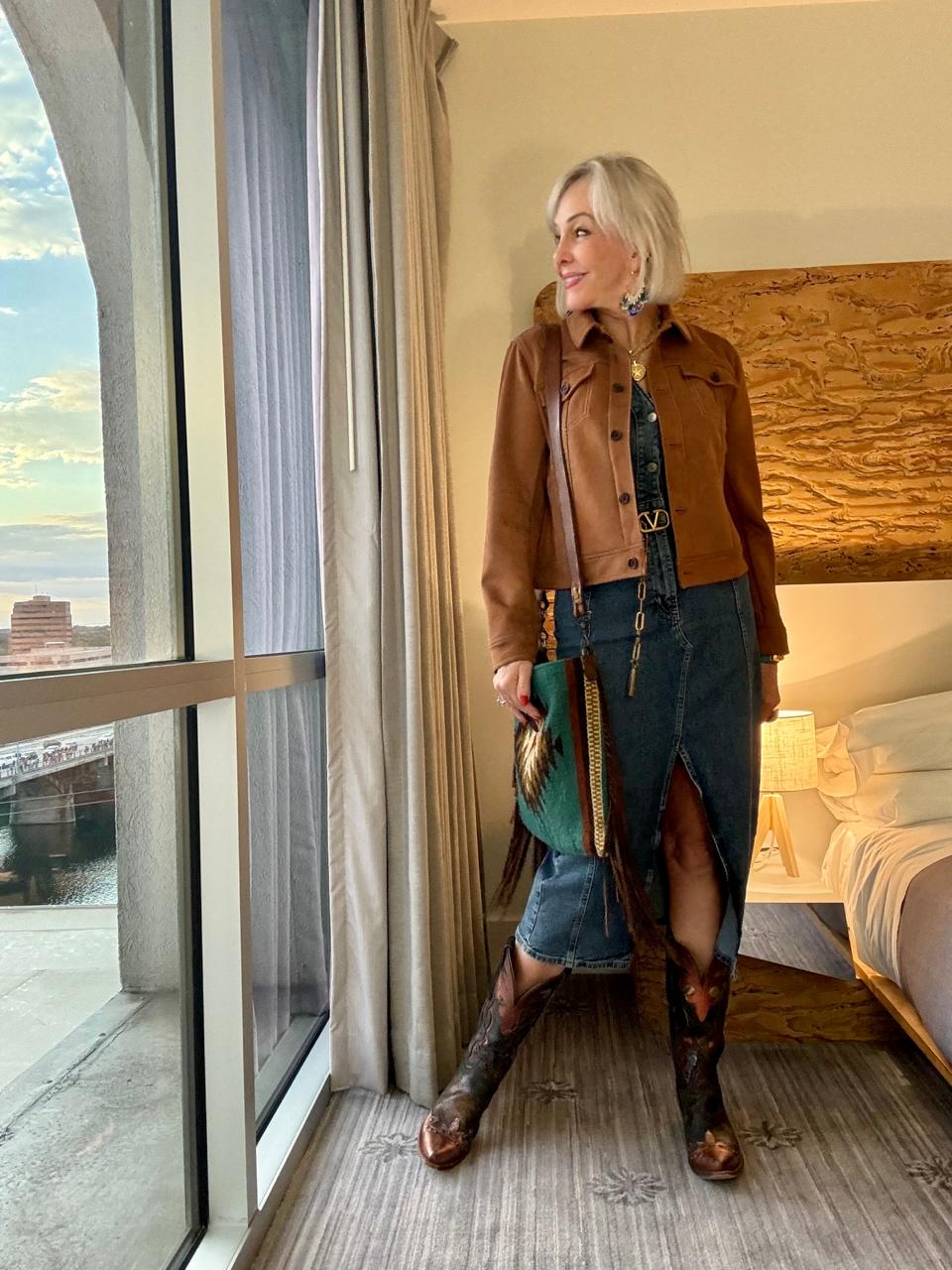 Black Blazer and Skirt with Red Scarf and Cowboy Boots Black Blazer and Skirt with Red Scarf and Cowboy Boots — Classy Outfits with Cowboy Boots
