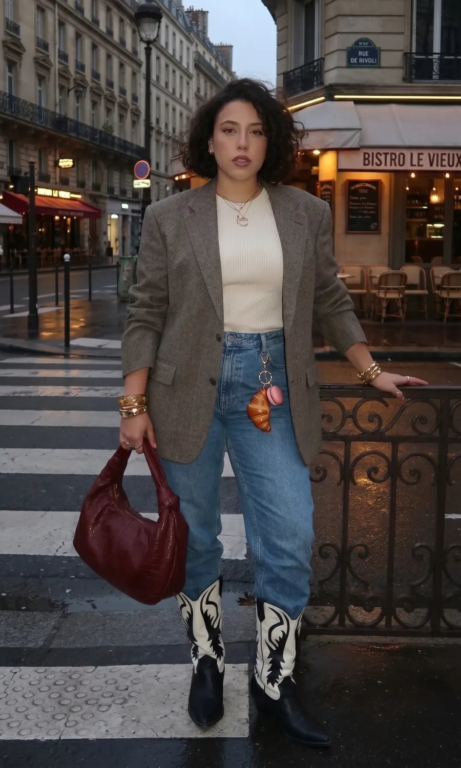 Brown Tweed Blazer and Ribbed Knit Top with Embroidered Cowboy Boots Brown Tweed Blazer and Ribbed Knit Top with Embroidered Cowboy Boots — Classy Outfits with Cowboy Boots