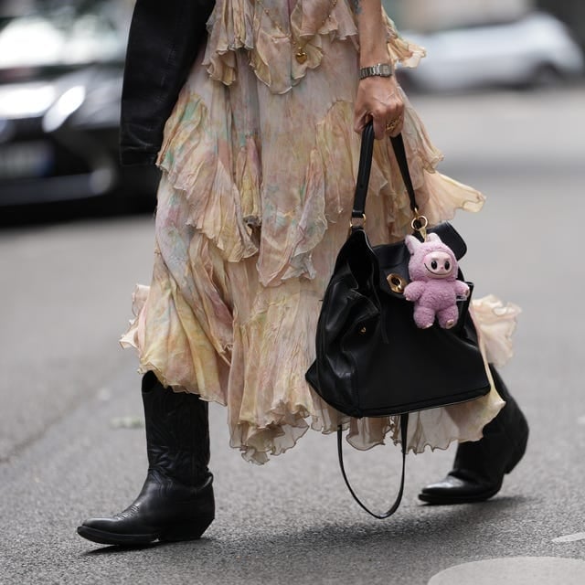 Ruffled Pastel Dress with Black Jacket and Cowboy Boots Ruffled Pastel Dress with Black Jacket and Cowboy Boots — Classy Outfits with Cowboy Boots