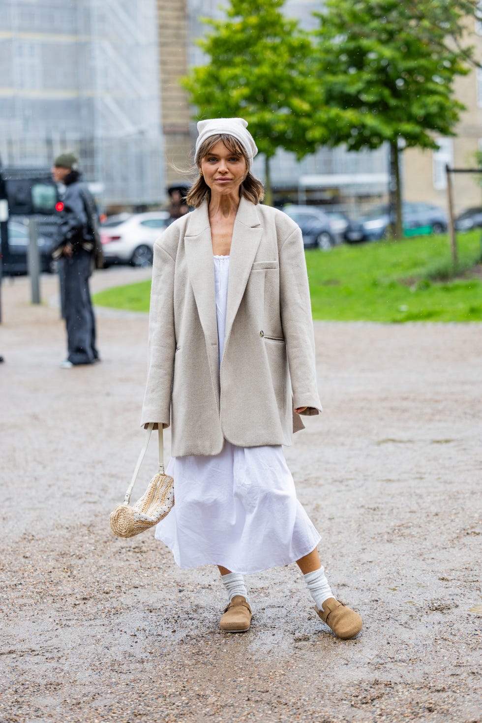 Tan Clogs with a Beige Blazer and White Slip, Office-Safe Version Tan Clogs with a Beige Blazer and White Slip, Office-Safe Version — Classy Outfits with Flats