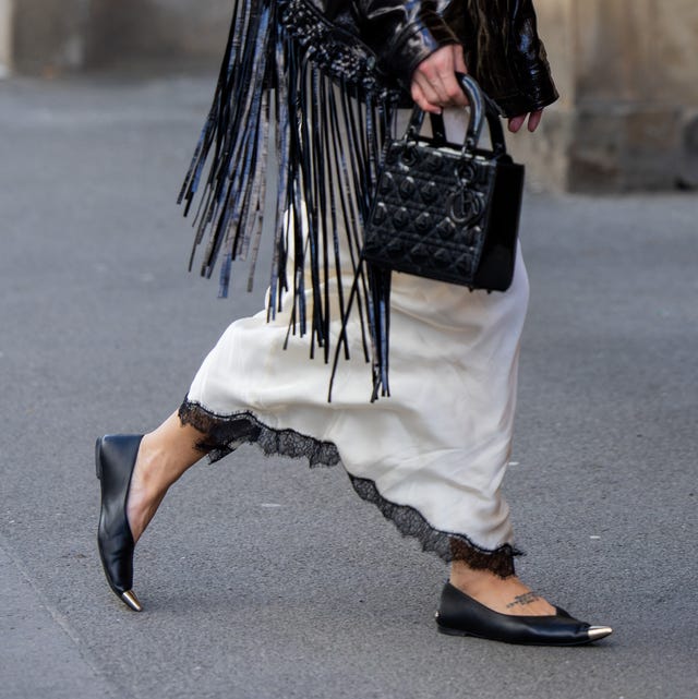 Pointed Toe Flats with Fringe Jacket and Slip Dress, Close-Up Take Pointed Toe Flats with Fringe Jacket and Slip Dress, Close-Up Take — Classy Outfits with Flats