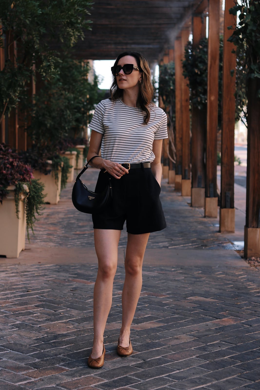 Tan Ballet Flats with Shorts and Striped T-Shirt Tan Ballet Flats with Shorts and Striped T-Shirt — Classy Outfits with Flats